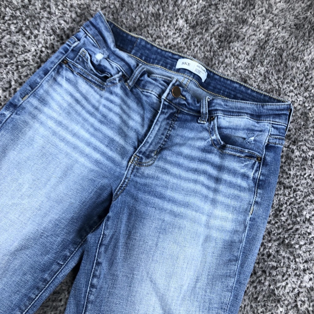 BKE Victoria Jeans Womens 28x32 Blue Mid Rise Straight Denim Distressed Stretch